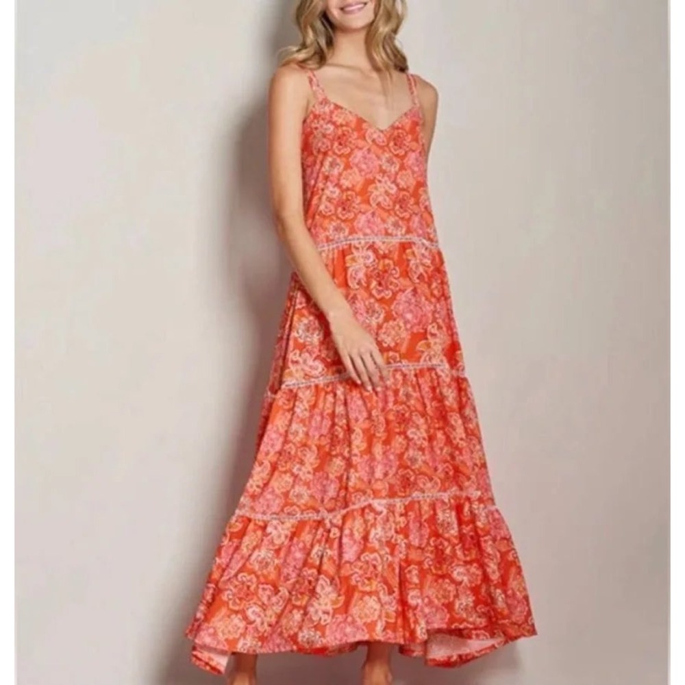 NWT Cosita Linda Mandarin Floral Tiered Maxi Dress CL22548C Orange Pink Small